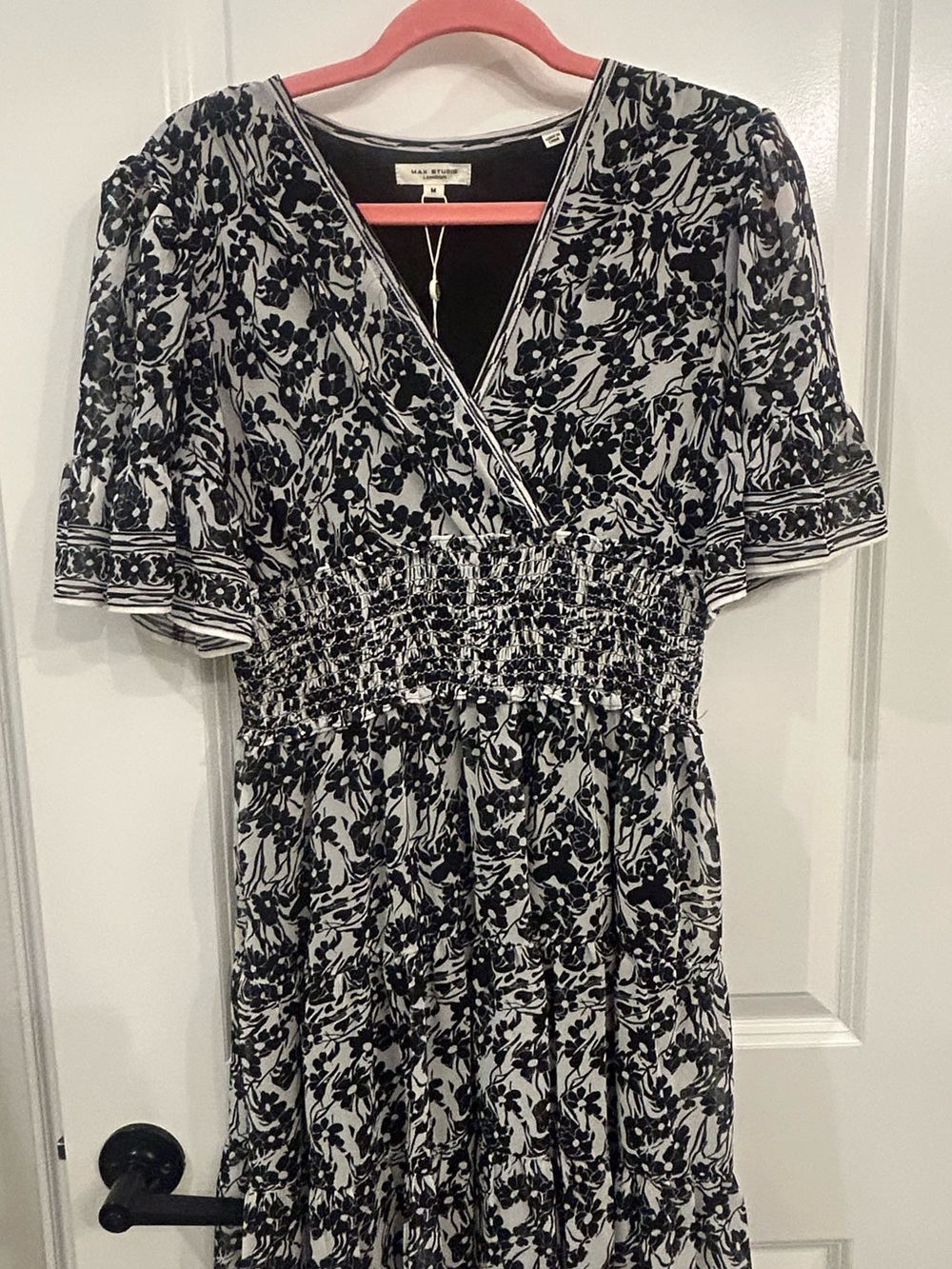 Max Studio Black and White Floral Smocked Wrap Midi Dress